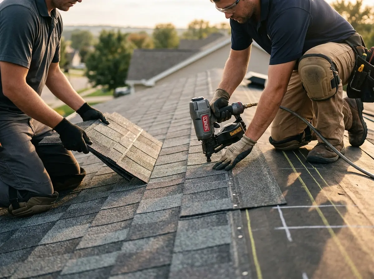 Professional roofer working on a residential roof in Bedminster